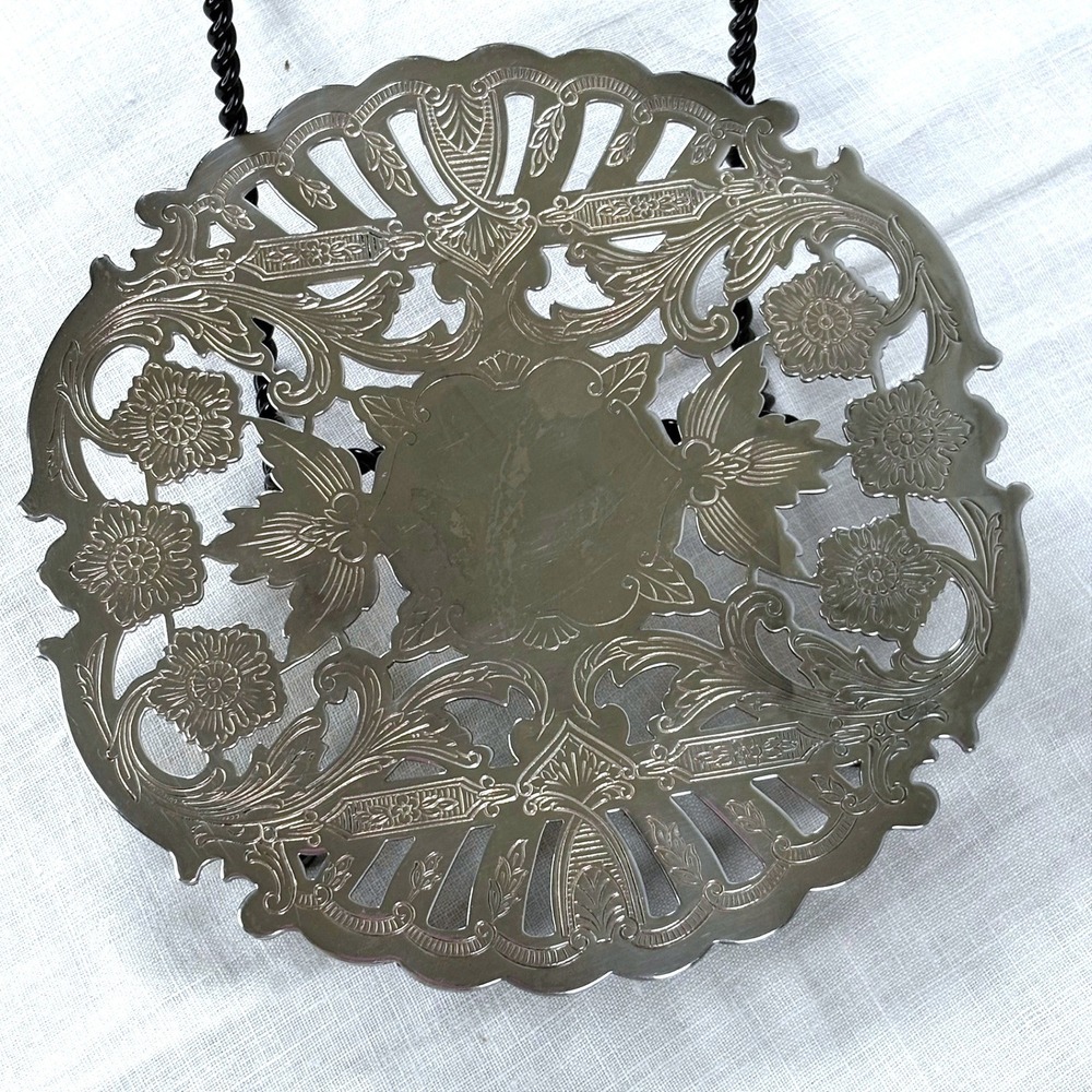 Vintage Wallace Silverplate Round Footed Pierced Floral Trivet Hot Plate